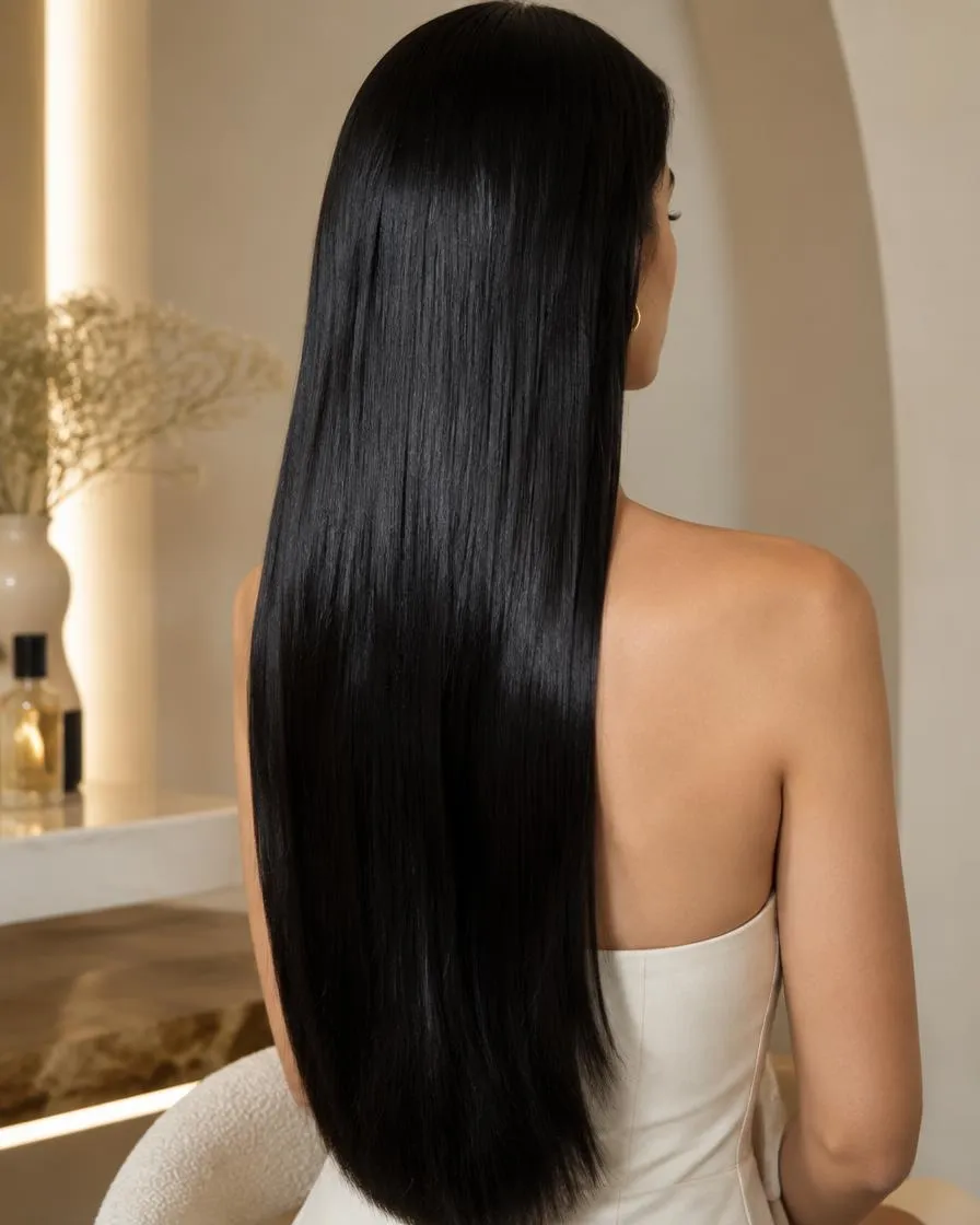 Jet black hair extensions, AI illustration